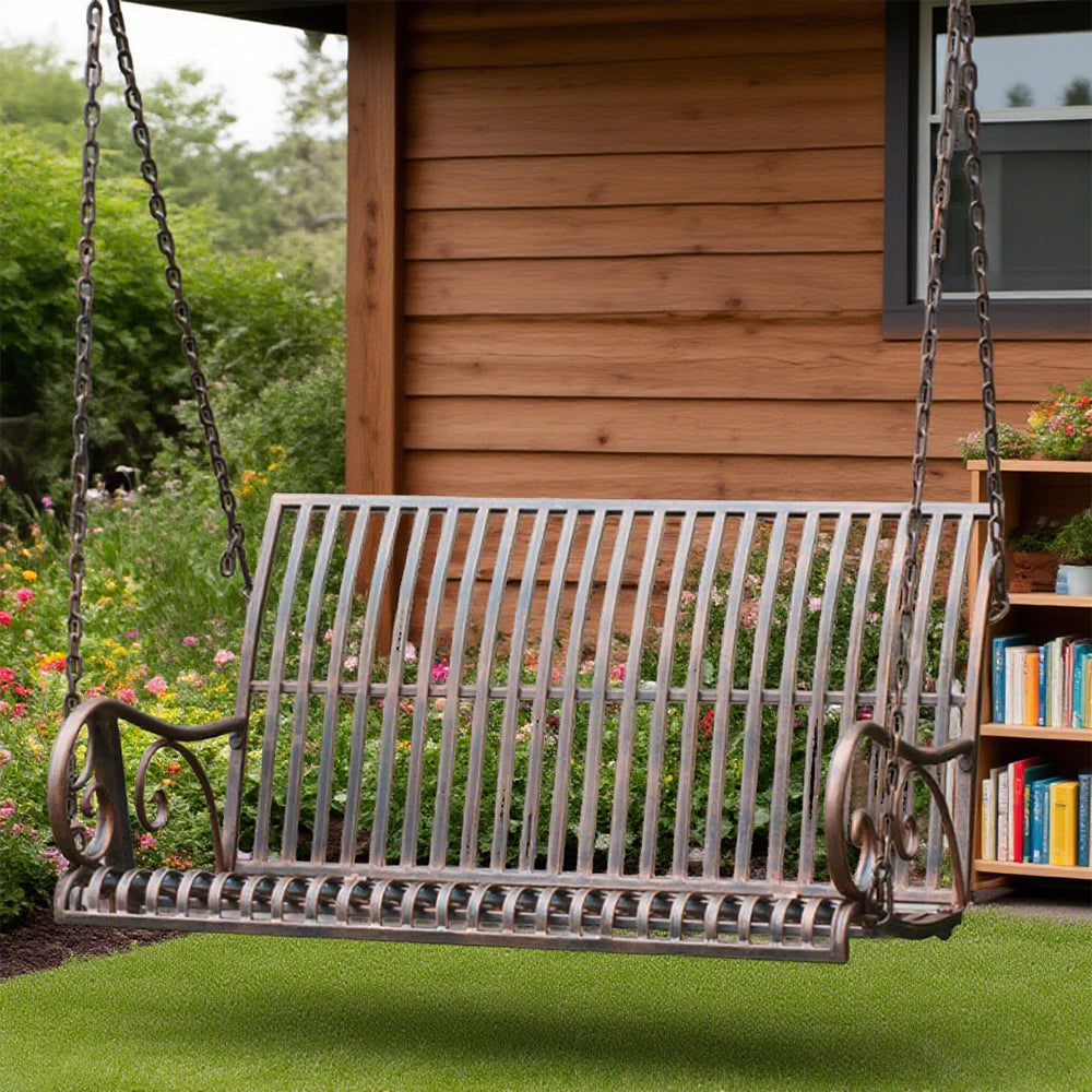 SOLARA YY02 100cm Wrought Iron Hanging Garden Chair – Brown/Green Straight Backrest Outdoor Use