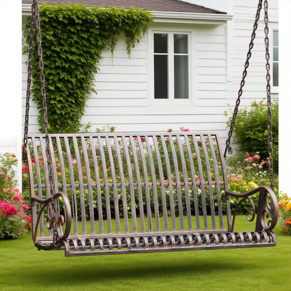 SOLARA YY02 100cm Wrought Iron Hanging Garden Chair – Brown/Green Straight Backrest Outdoor Use