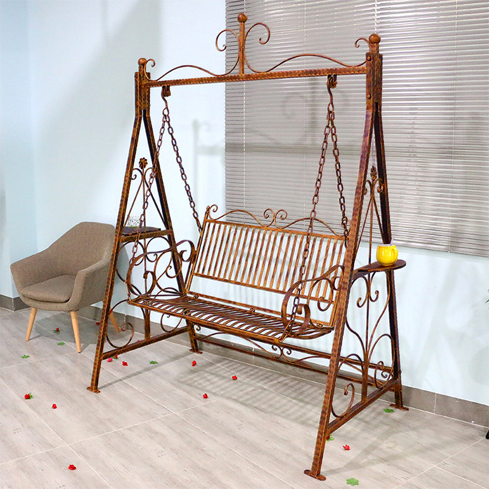 SOLARA FYY02A 150cm Wrought Iron Garden Swing Chair – Black/White/Red Straight Backrest Outdoor Use