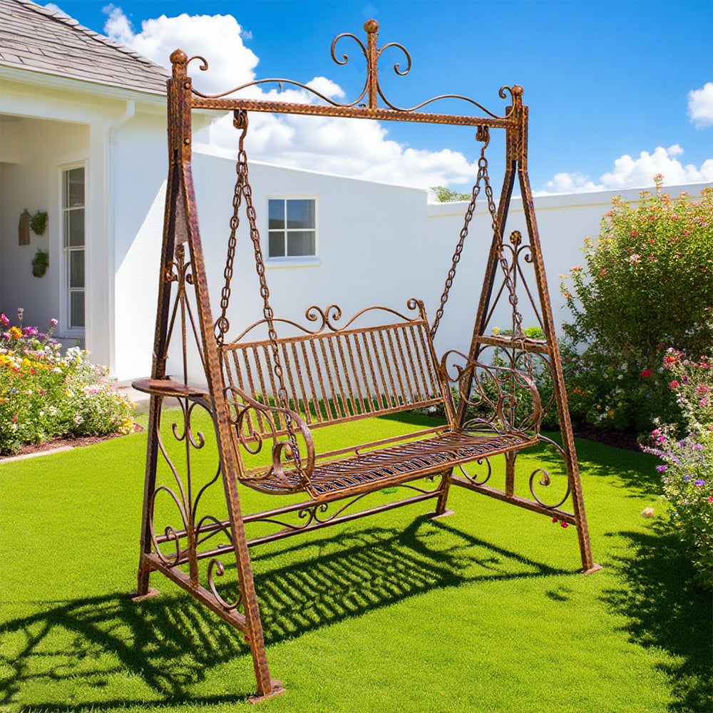 SOLARA FYY02A 150cm Wrought Iron Garden Swing Chair – Black/White/Red Straight Backrest Outdoor Use