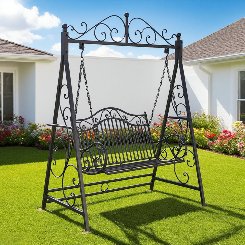 SOLARA YY02B 150cm Wrought Iron Garden Swing Chair – Black/White/Red/Green Straight Backrest Outdoor Use