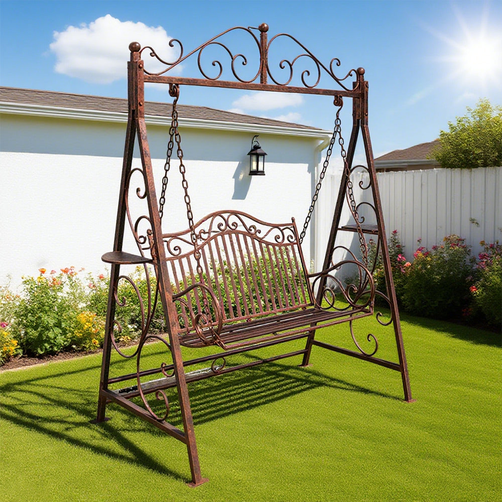 SOLARA YY02B 150cm Wrought Iron Garden Swing Chair – Black/White/Red/Green Straight Backrest Outdoor Use