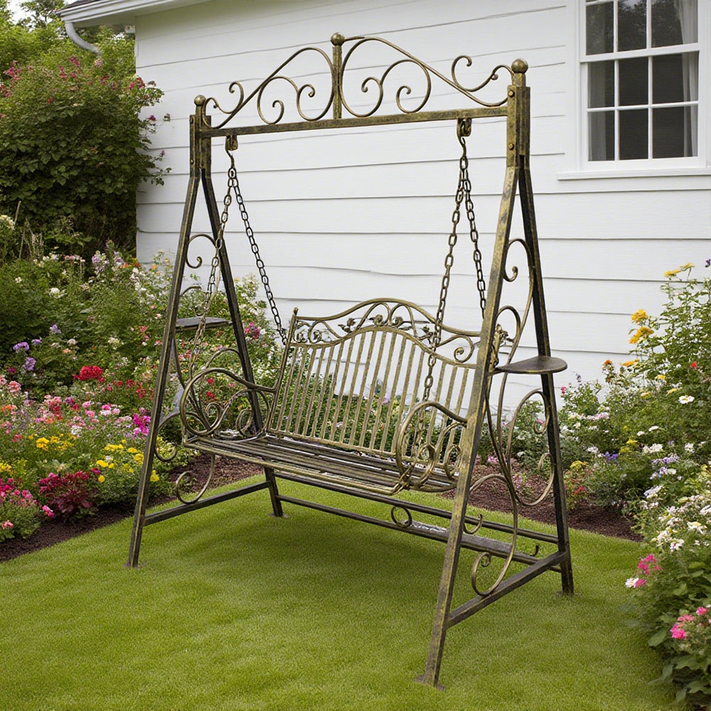 SOLARA YY02B 150cm Wrought Iron Garden Swing Chair – Black/White/Red/Green Straight Backrest Outdoor Use