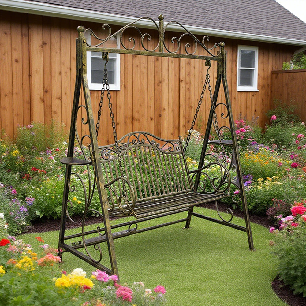 SOLARA YY02B 150cm Wrought Iron Garden Swing Chair – Black/White/Red/Green Straight Backrest Outdoor Use