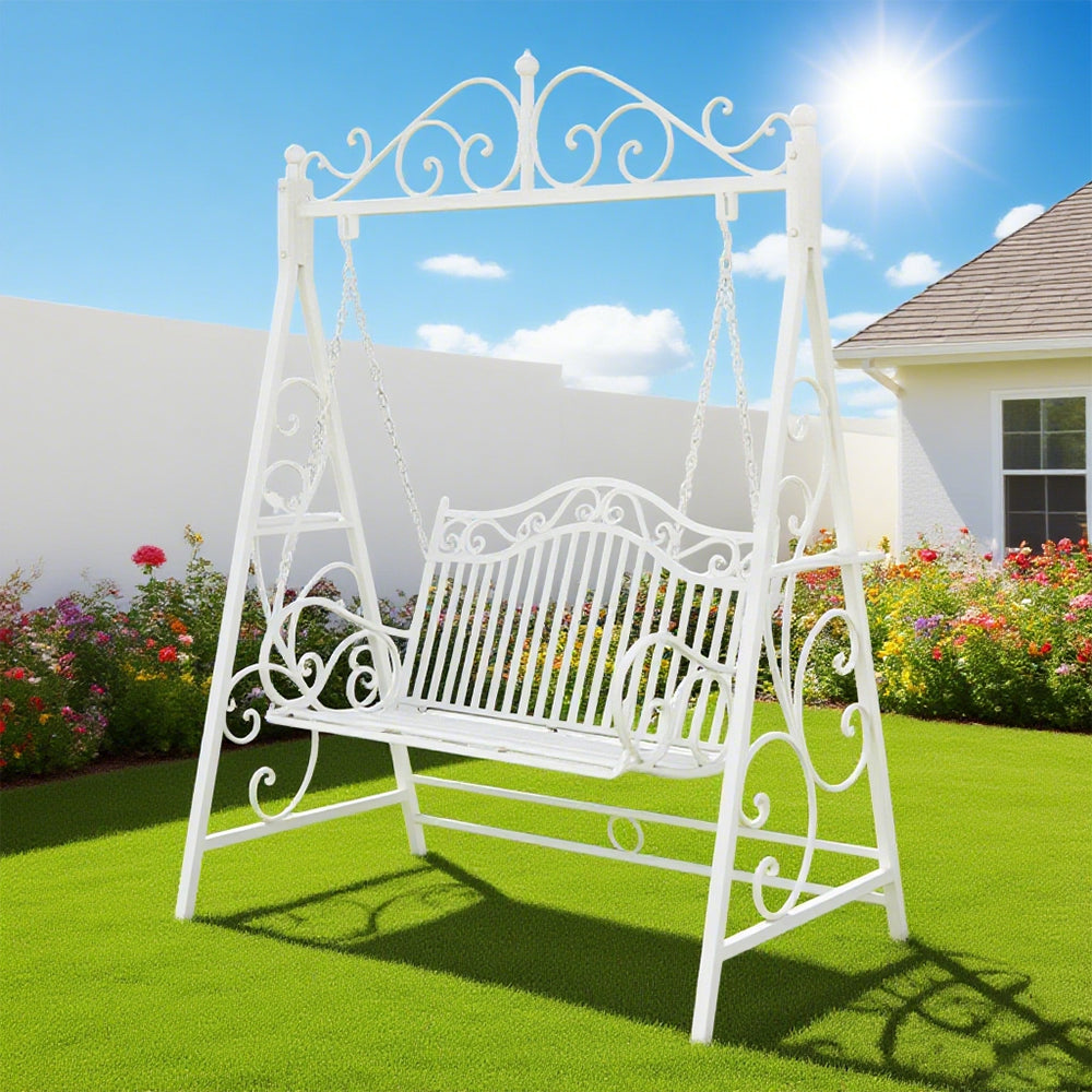 SOLARA YY02B 150cm Wrought Iron Garden Swing Chair – Black/White/Red/Green Straight Backrest Outdoor Use