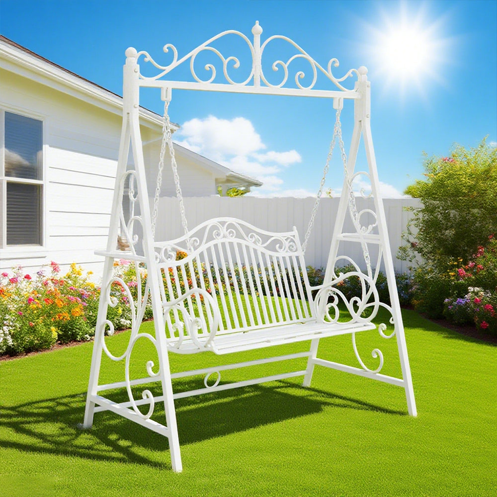 SOLARA YY02B 150cm Wrought Iron Garden Swing Chair – Black/White/Red/Green Straight Backrest Outdoor Use