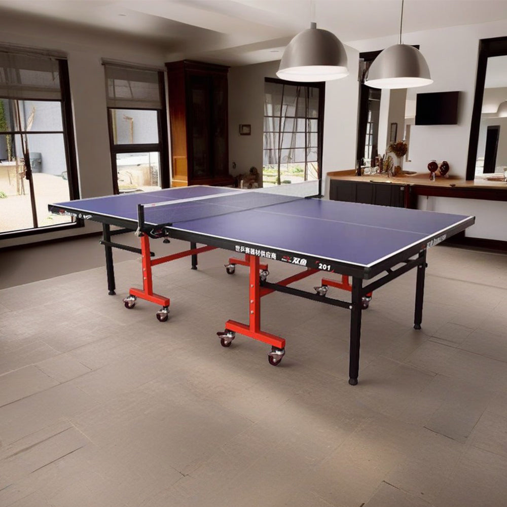 DOUBLE FISH 201 Indoor 18mm Blue Foldable Solo Play Table Tennis Pingpong Table-Bats Balls Net ITTF Approve