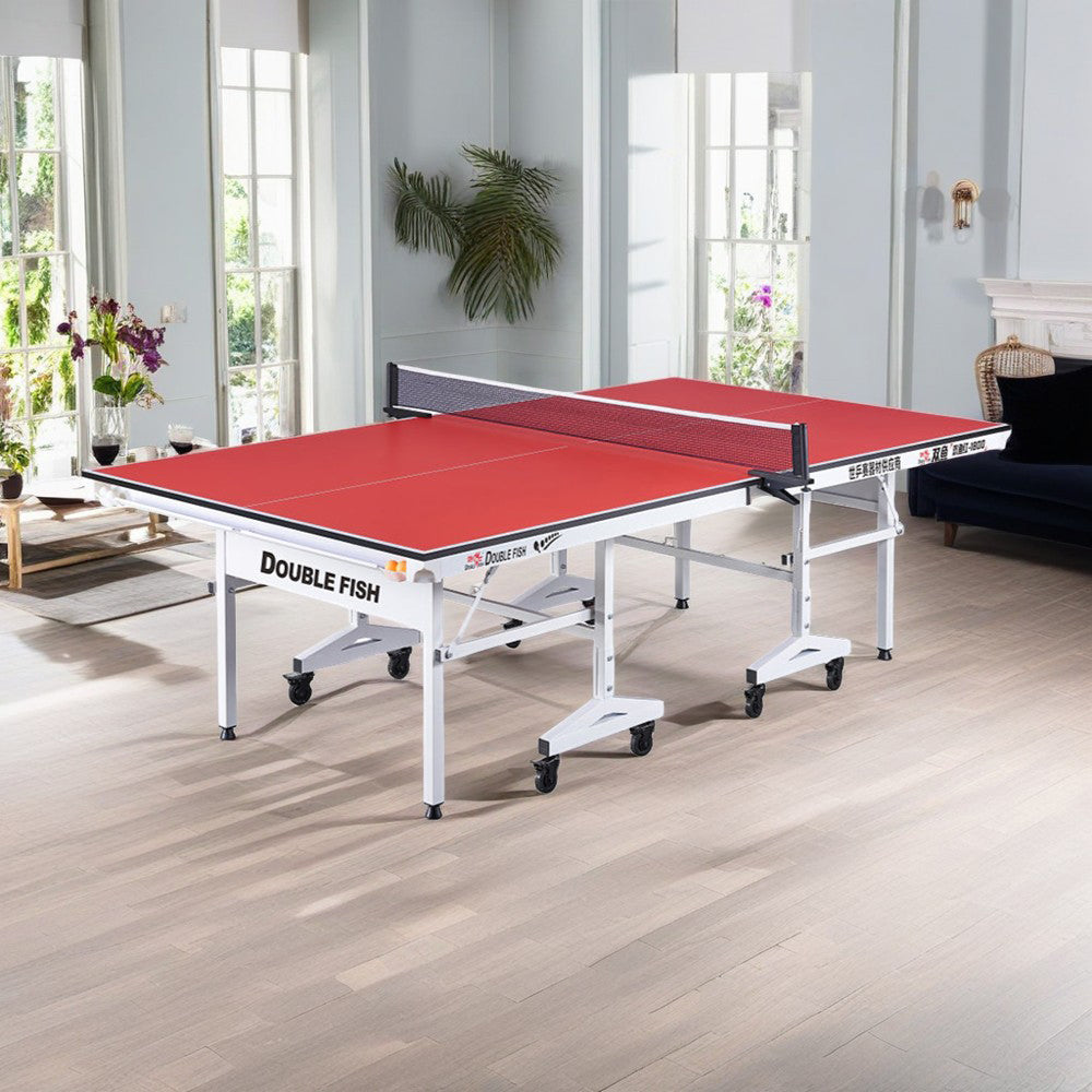 DOUBLE FISH 25MM White&Red Foldable Solo Play Indoor Table Tennis/Ping Pong Table - Bats Ball Net ITTF Approve