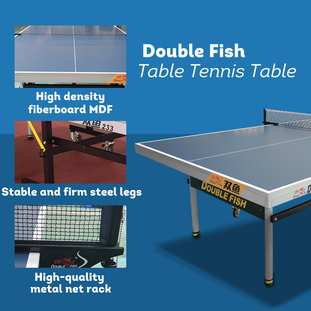 DOUBLE FISH 233 25mm Blue&gray Foldable Solo Play Indoor Table Tennis/Ping Pong Table - Bats Ball Net ITTF Approve