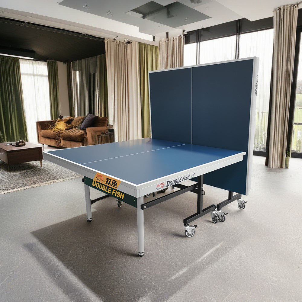 DOUBLE FISH 233 25mm Blue&gray Foldable Solo Play Indoor Table Tennis/Ping Pong Table - Bats Ball Net ITTF Approve