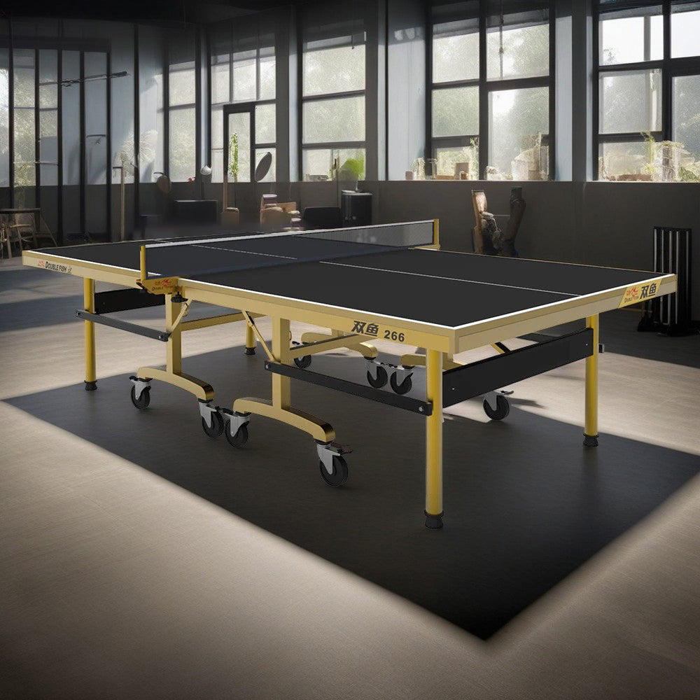 DOUBLE FISH 266 25mm Gold&Black Foldable Solo Play Pro Indoor Table Tennis/Ping Pong Table - Bats Ball Net ITTF Approve