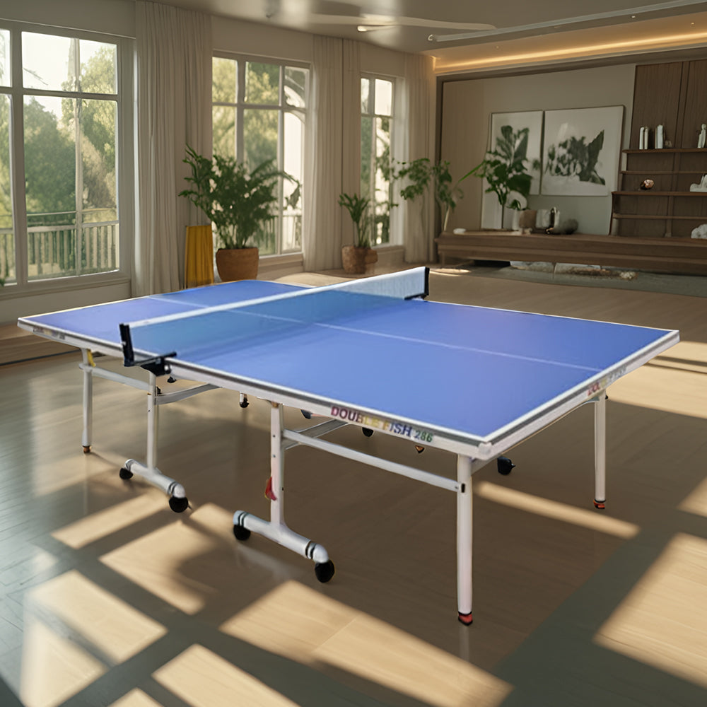 DOUBLE FISH 286 Indoor 18mm Blue Foldable Solo Play Table Tennis Pingpong Table-Bats Balls Net ITTF Approve