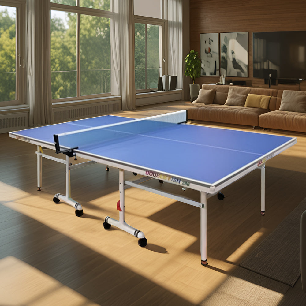 DOUBLE FISH 286 Indoor 18mm Blue Foldable Solo Play Table Tennis Pingpong Table-Bats Balls Net ITTF Approve