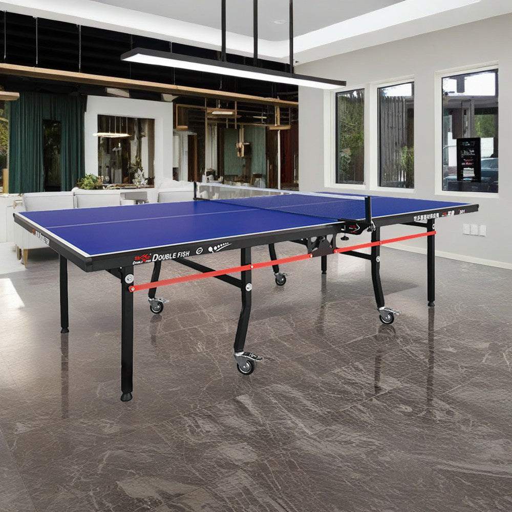 DOUBLE FISH 301 18mm Black&Blue Indoor Foldable Table Tennis/Ping Pong Table - Bats Ball Net ITTF Approve