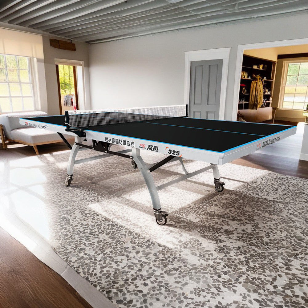 DOUBLE FISH 325 25mm Black Foldable Indoor Table Tennis/Ping Pong Table - Bats Ball Net ITTF Approve