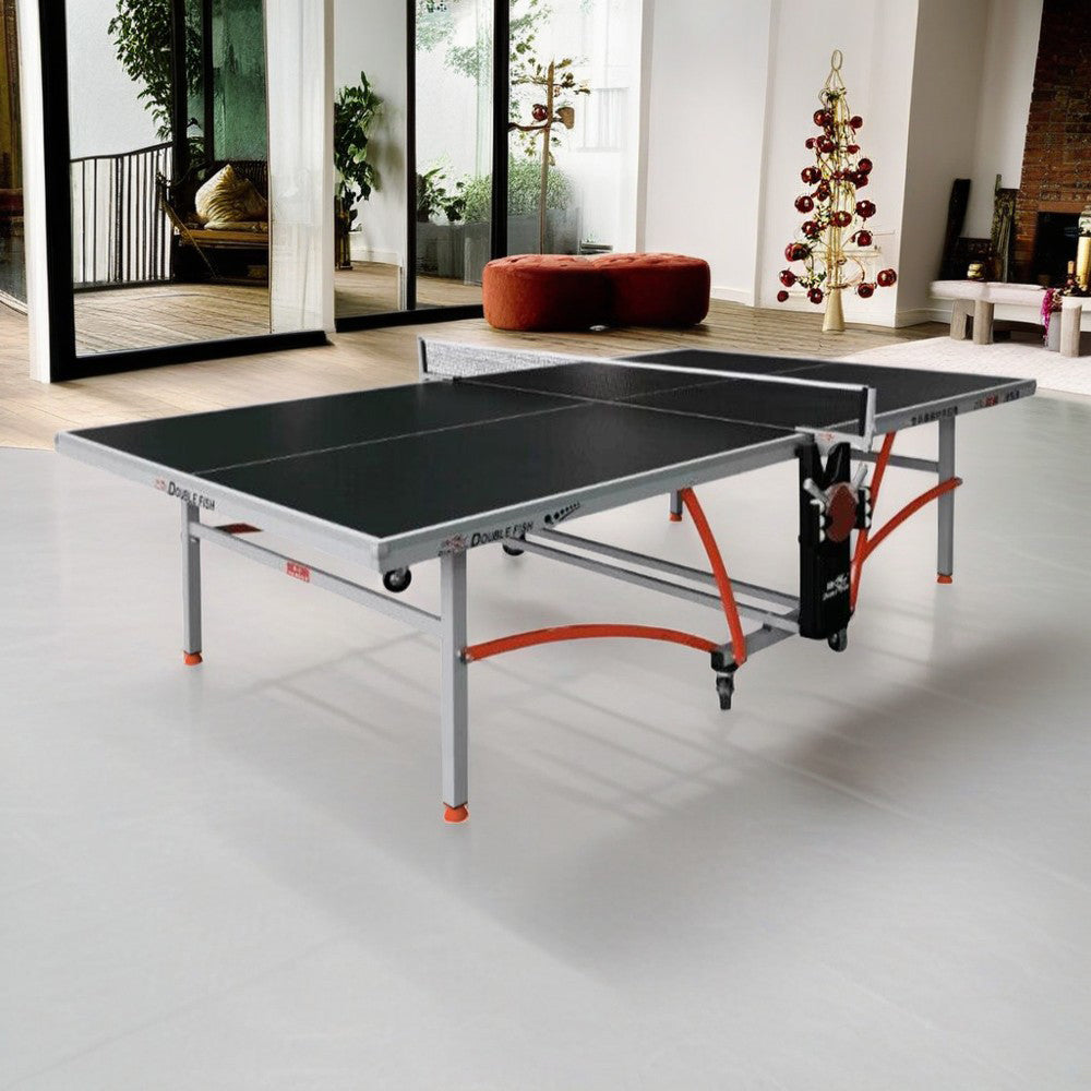 DOUBLE FISH 353 22mm Black Foldable Solo Play Indoor Table Tennis/Ping Pong Table - Bats Ball Net ITTF Approve