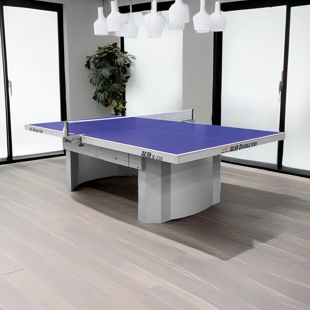 DOUBLE FISH B330 18mm Gray&Blue Indoor Table Tennis/Ping Pong Table - Bats Ball Net ITTF Approve