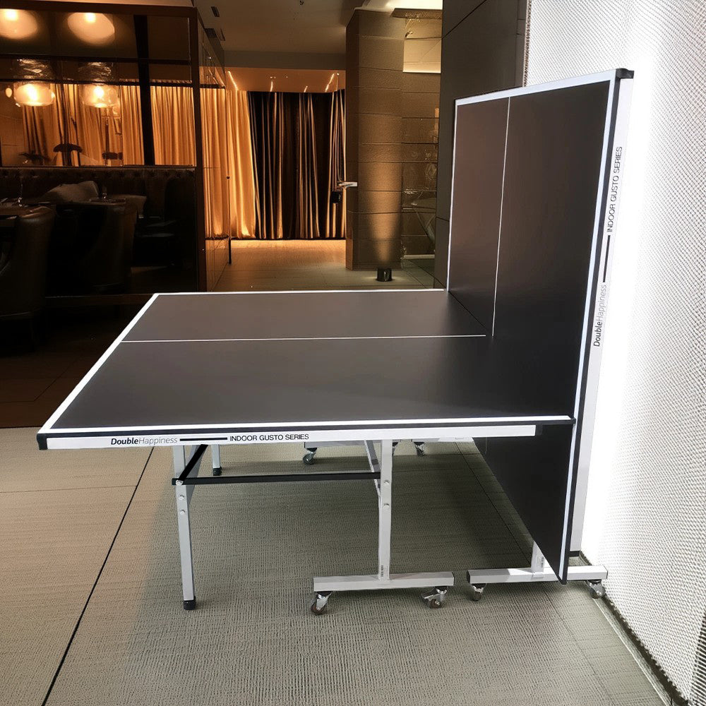 DOUBLE HAPPINESS Premium 16mm Indoor Black&Blue Foldable Solo Play Table Tennis Pingpong Table - Bats Balls Net