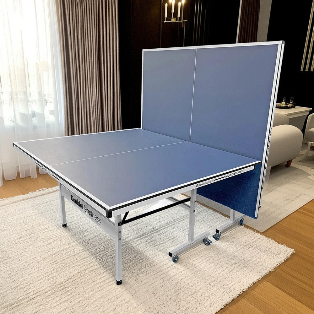 DOUBLE HAPPINESS Premium 16mm Indoor Black&Blue Foldable Solo Play Table Tennis Pingpong Table - Bats Balls Net