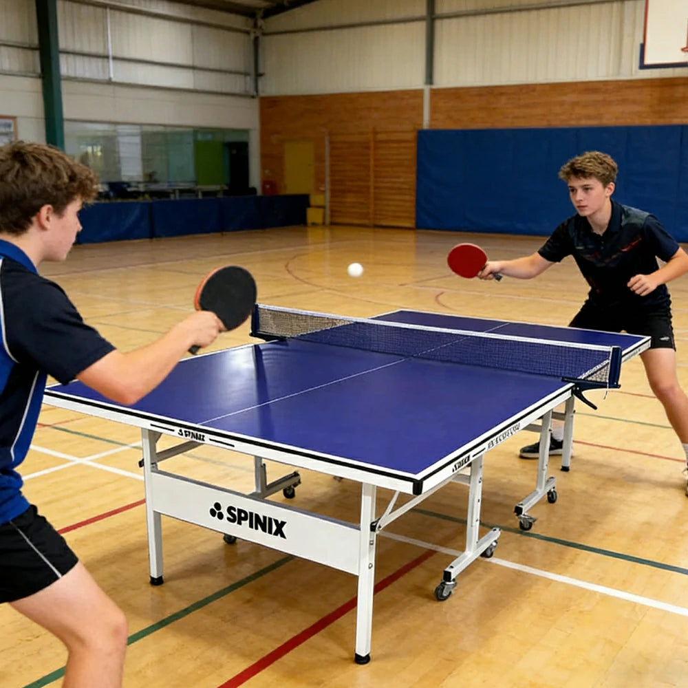 SPINIX 16mm Indoor Foldable Table Tennis Table - Playback Solo Training Ping Pong Table with Bats Balls Net for Home Game Rooms - Black & Blue