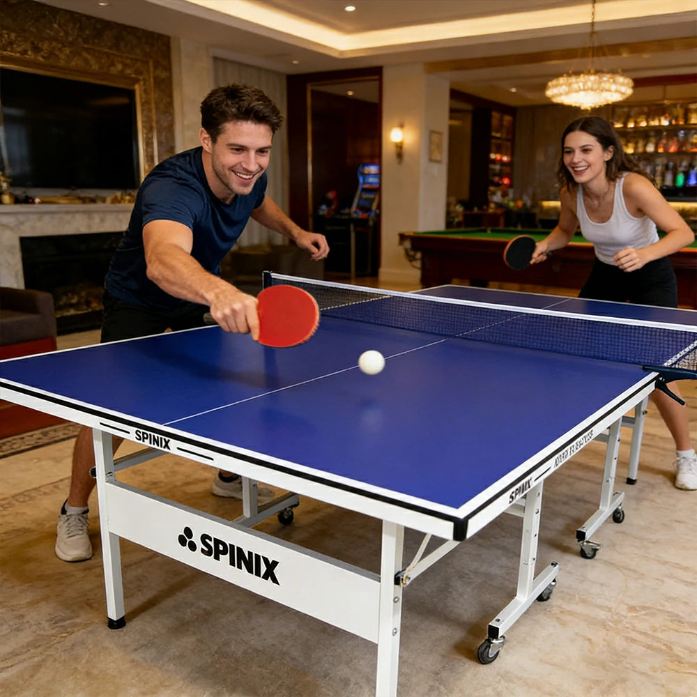 SPINIX 16mm Indoor Foldable Table Tennis Table - Solo Playback Training Ping Pong Table with Bats Balls Net for Home Game Rooms - Blue