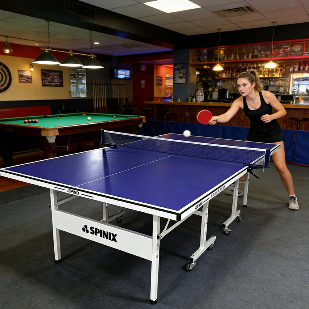 SPINIX 19mm Indoor Foldable Table Tennis Table - Solo Playback Training Ping Pong Table with Bats Balls Net for Home Game Rooms - Blue