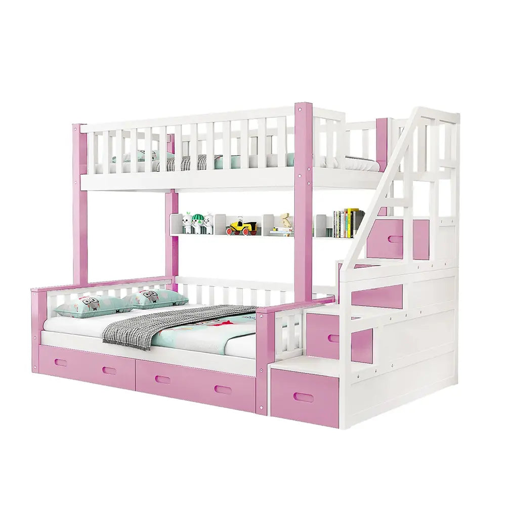 Customer Return Product - LIVARA ACSF01 Bunk Bed Frame, Solid Pine Timber, Safety Rails, Large Storage - Pink