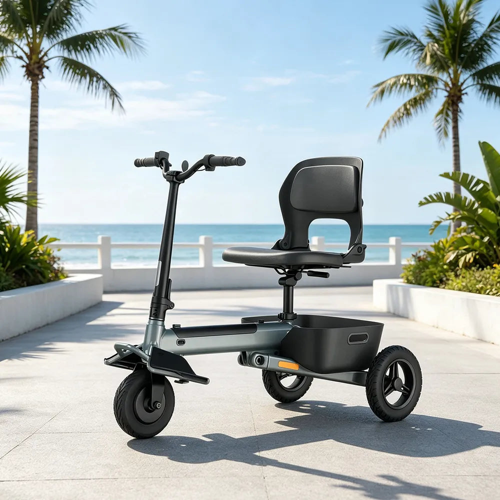 TRIFLY T1 Foldable Electric Tricycle Scooter - Stable 3-Wheel Design with Backrest Seat for Daily Mobility - Silver