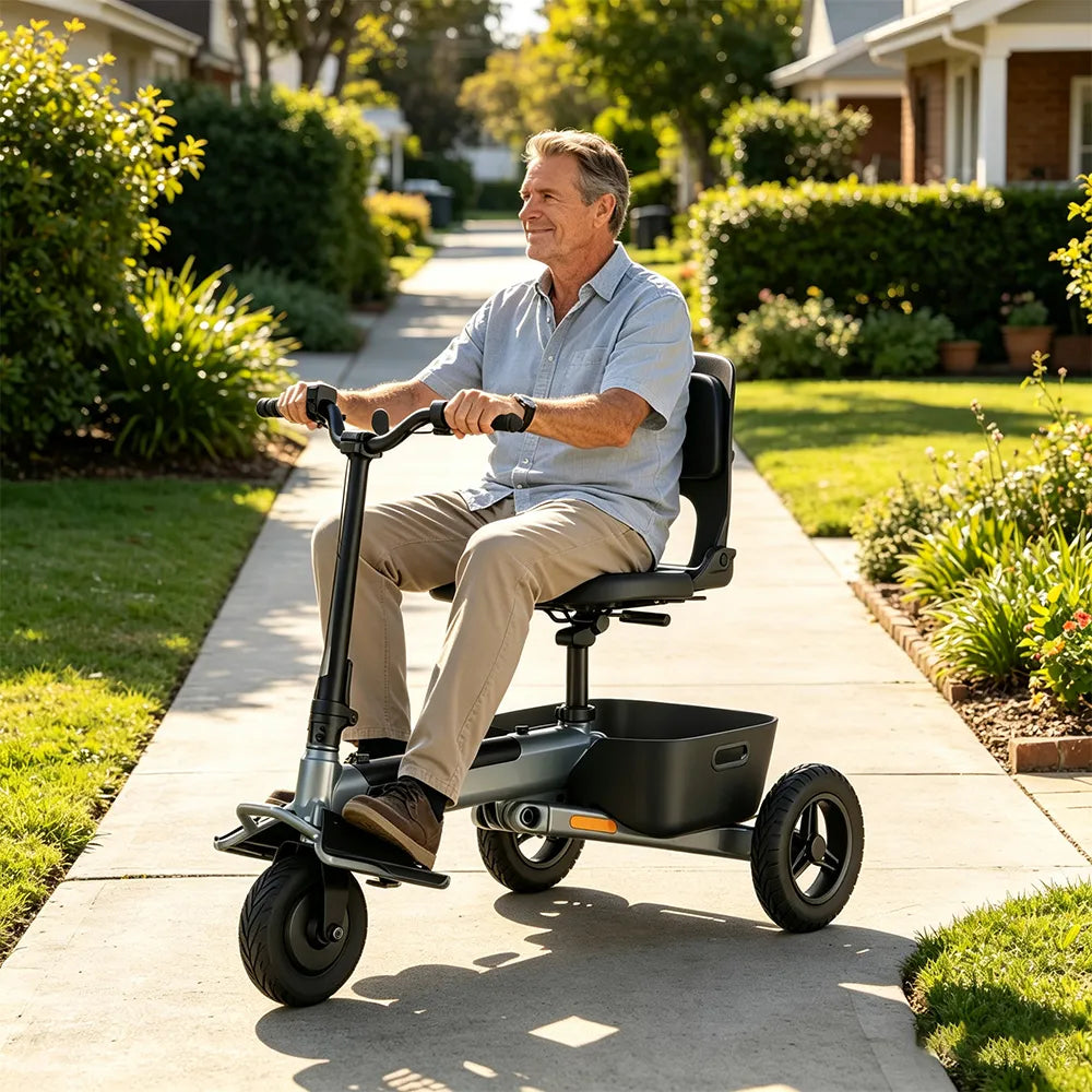 TRIFLY T1 Foldable Electric Tricycle Scooter - Stable 3-Wheel Design with Backrest Seat for Daily Mobility - Silver