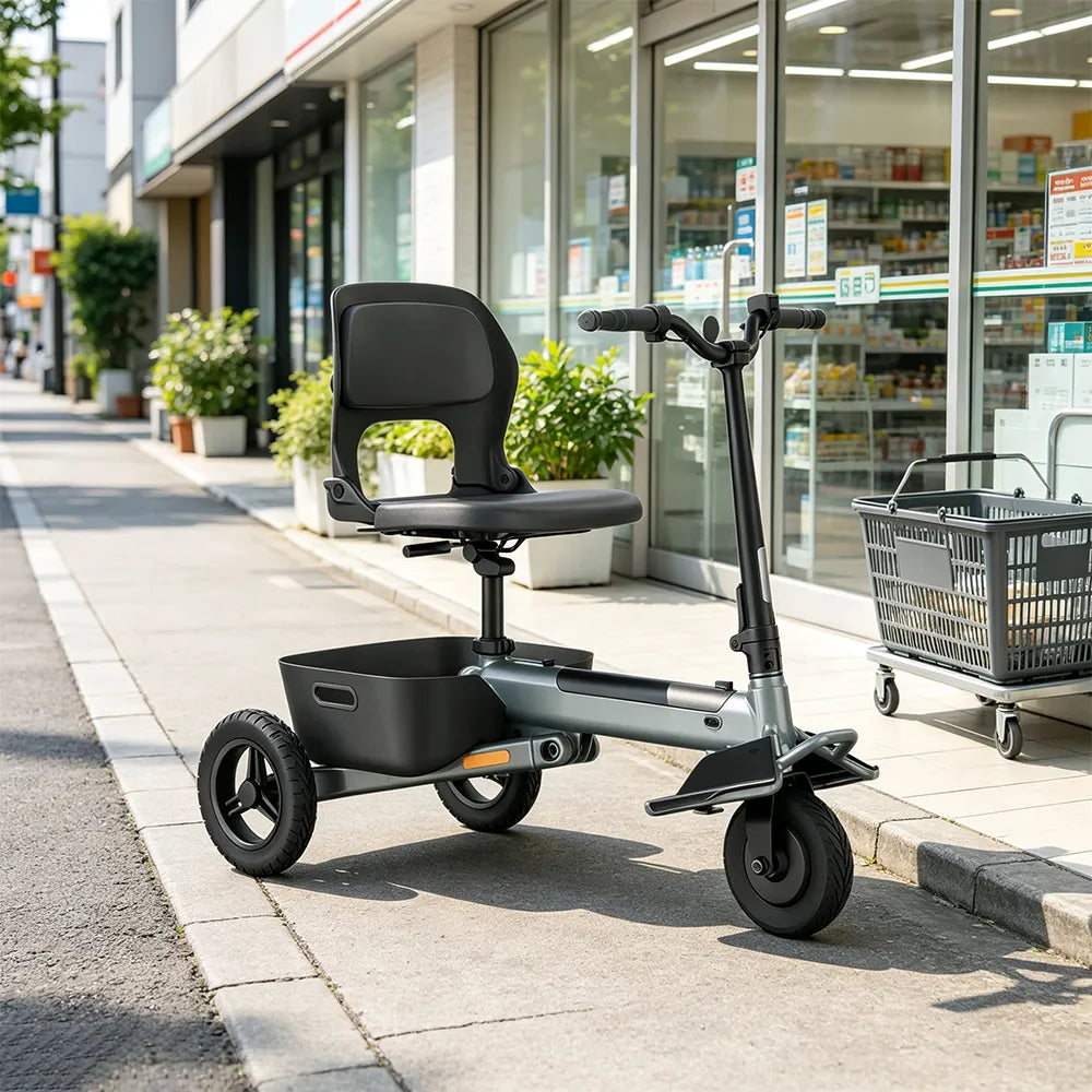 TRIFLY T1 Foldable Electric Tricycle Scooter - Stable 3-Wheel Design with Backrest Seat for Daily Mobility - Silver