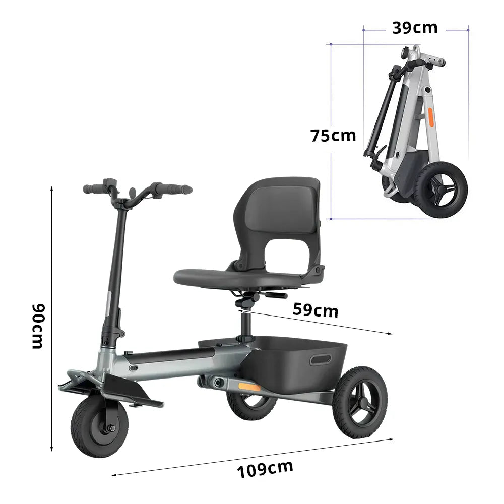 TRIFLY T1 Foldable Electric Tricycle Scooter - Stable 3-Wheel Design with Backrest Seat for Daily Mobility - Silver