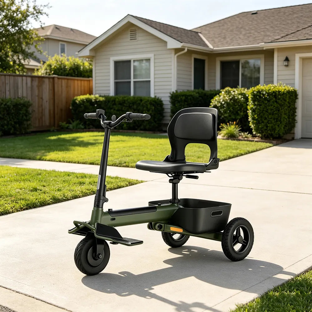 TRIFLY T1 Foldable Electric Tricycle Scooter - Stable 3-Wheel Design with Backrest Seat for Daily Mobility - Green