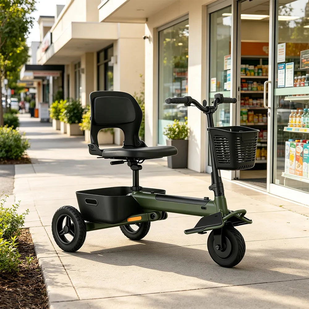 TRIFLY T1 Foldable Electric Tricycle Scooter - Stable 3-Wheel Design with Backrest Seat for Daily Mobility - Green