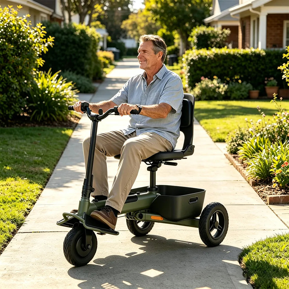 TRIFLY T1 Foldable Electric Tricycle Scooter - Stable 3-Wheel Design with Backrest Seat for Daily Mobility - Green