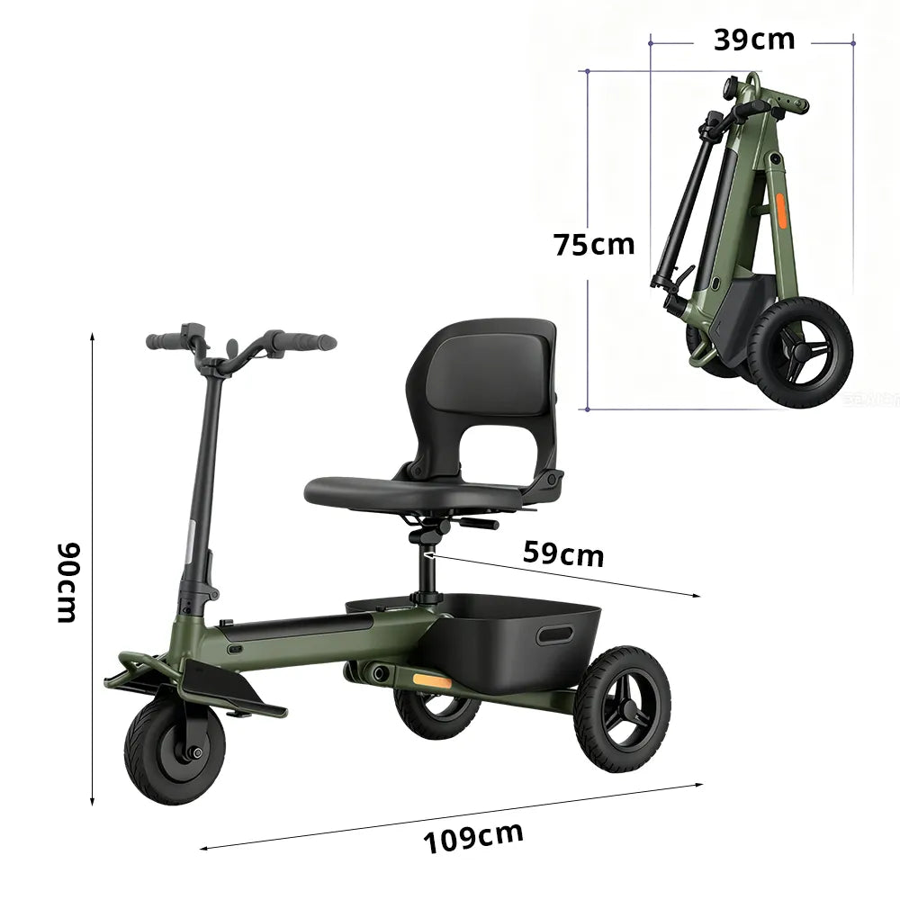 TRIFLY T1 Foldable Electric Tricycle Scooter - Stable 3-Wheel Design with Backrest Seat for Daily Mobility - Green