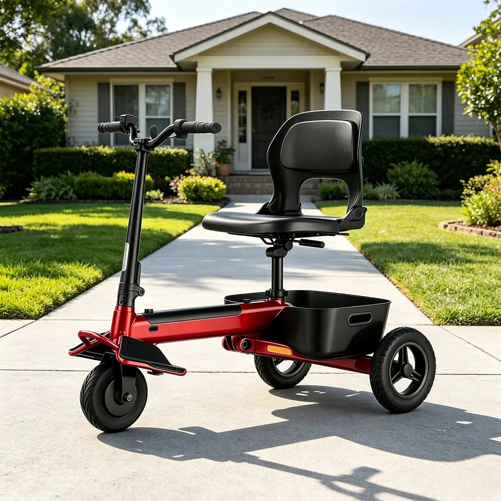 TRIFLY T1 Foldable Electric Tricycle Scooter - Stable 3-Wheel Design with Backrest Seat for Daily Mobility - Red