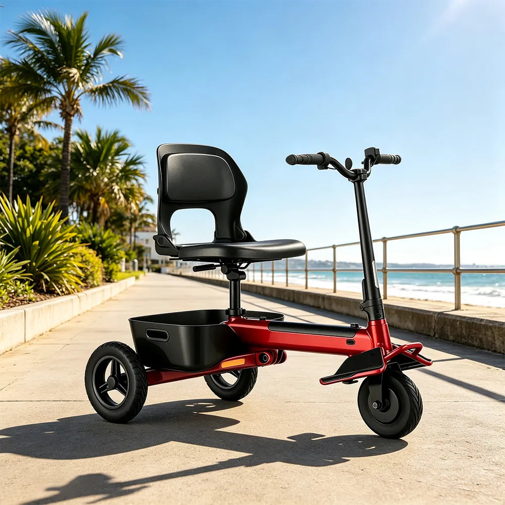 TRIFLY T1 Foldable Electric Tricycle Scooter - Stable 3-Wheel Design with Backrest Seat for Daily Mobility - Red