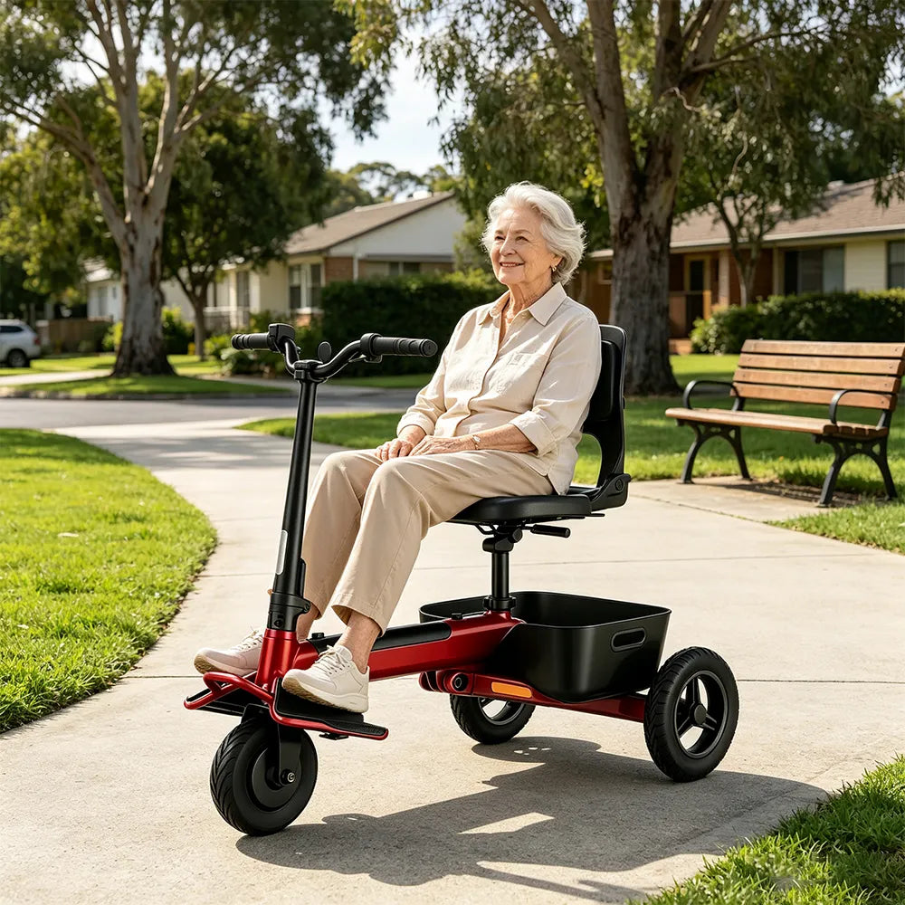 TRIFLY T1 Foldable Electric Tricycle Scooter - Stable 3-Wheel Design with Backrest Seat for Daily Mobility - Red