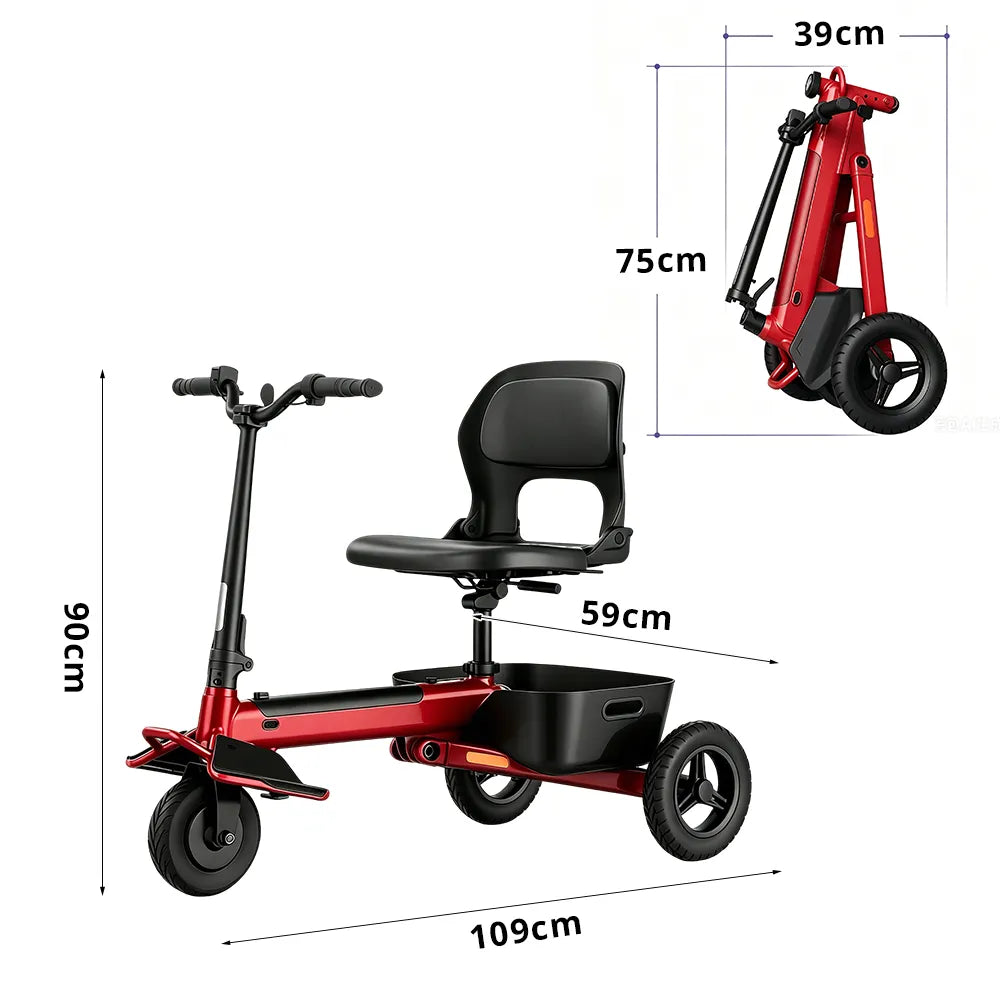 TRIFLY T1 Foldable Electric Tricycle Scooter - Stable 3-Wheel Design with Backrest Seat for Daily Mobility - Red