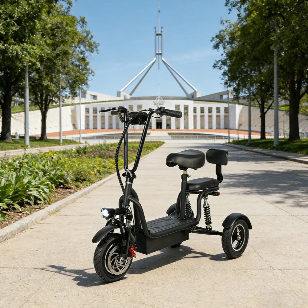 TRIFLY G2 Electric Tricycle Scooter - 3-Wheel Stable Design with Dual Seat & Backrest, Shock Absorption Suspension, Disc Brakes, Front LED Headlight - Black