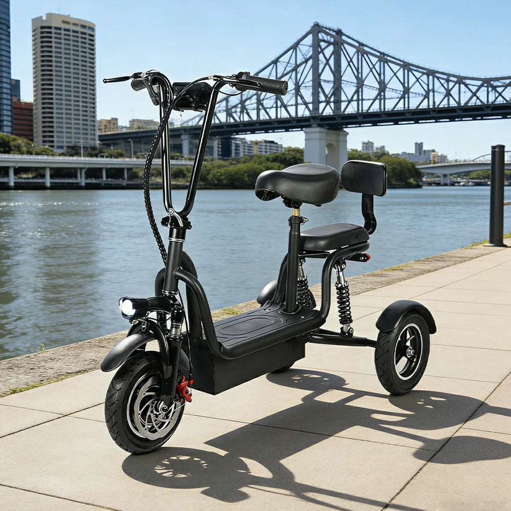 TRIFLY G2 Electric Tricycle Scooter - 3-Wheel Stable Design with Dual Seat & Backrest, Shock Absorption Suspension, Disc Brakes, Front LED Headlight - Black