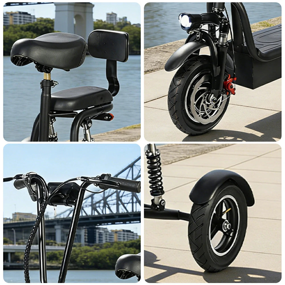 TRIFLY G2 Electric Tricycle Scooter - 3-Wheel Stable Design with Dual Seat & Backrest, Shock Absorption Suspension, Disc Brakes, Front LED Headlight - Black