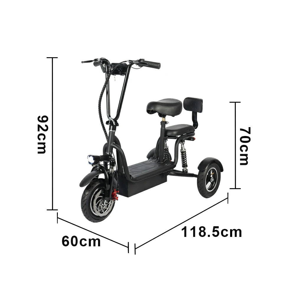 TRIFLY G2 Electric Tricycle Scooter - 3-Wheel Stable Design with Dual Seat & Backrest, Shock Absorption Suspension, Disc Brakes, Front LED Headlight - Black
