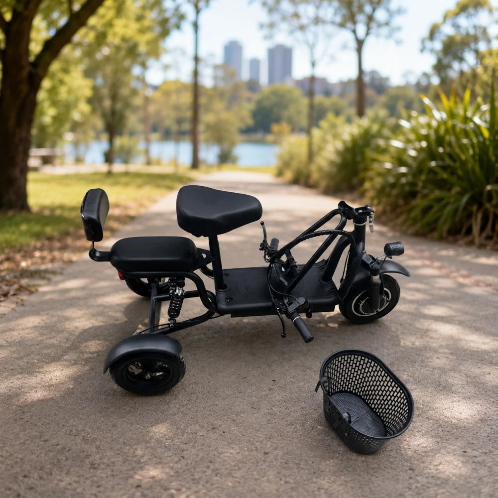 TRIFLY G2 Electric Tricycle Scooter - 3-Wheel Stable Design with Dual Seat & Backrest, Shock Absorption Suspension, Disc Brakes, Front LED Headlight - Black