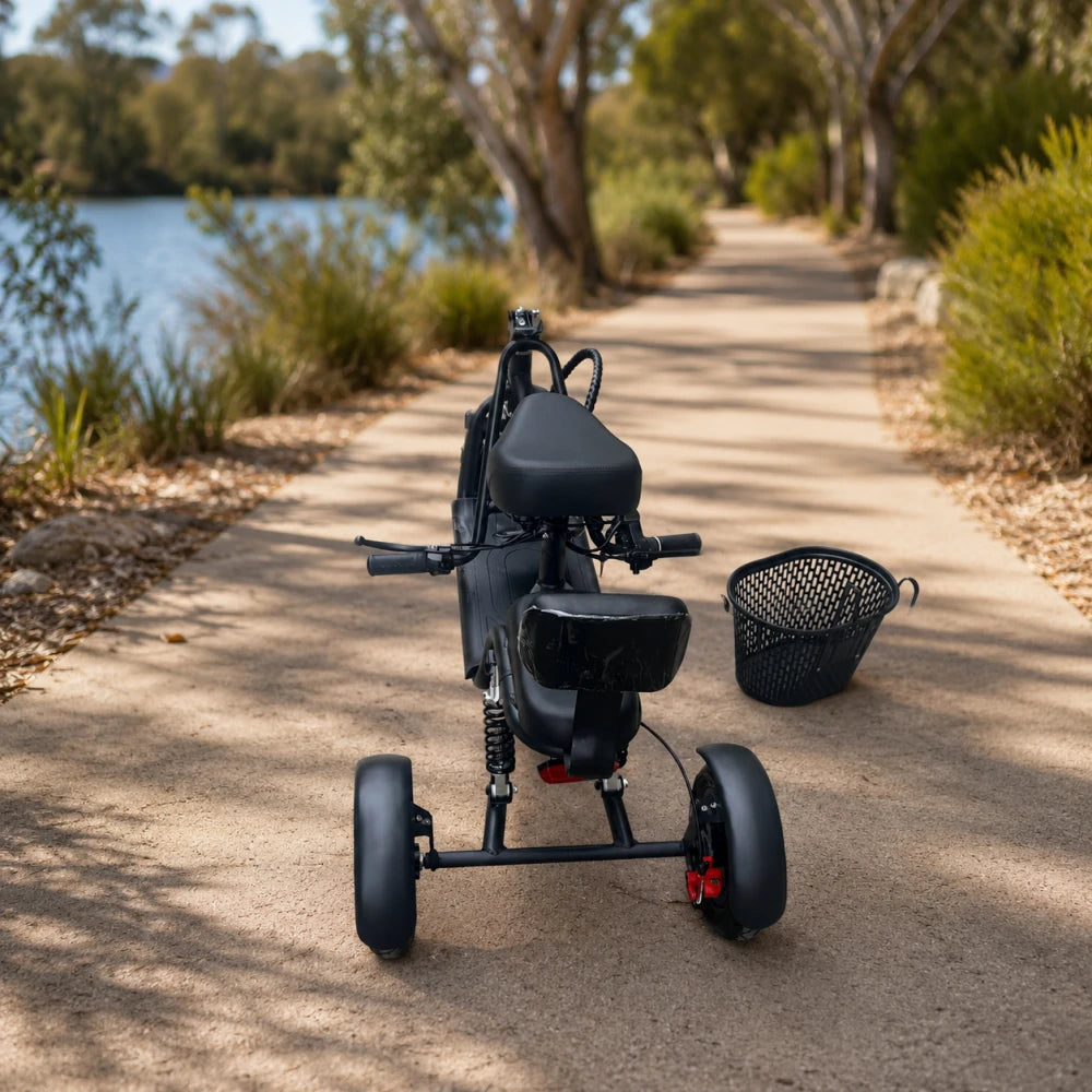 TRIFLY G2 Electric Tricycle Scooter - 3-Wheel Stable Design with Dual Seat & Backrest, Shock Absorption Suspension, Disc Brakes, Front LED Headlight - Black