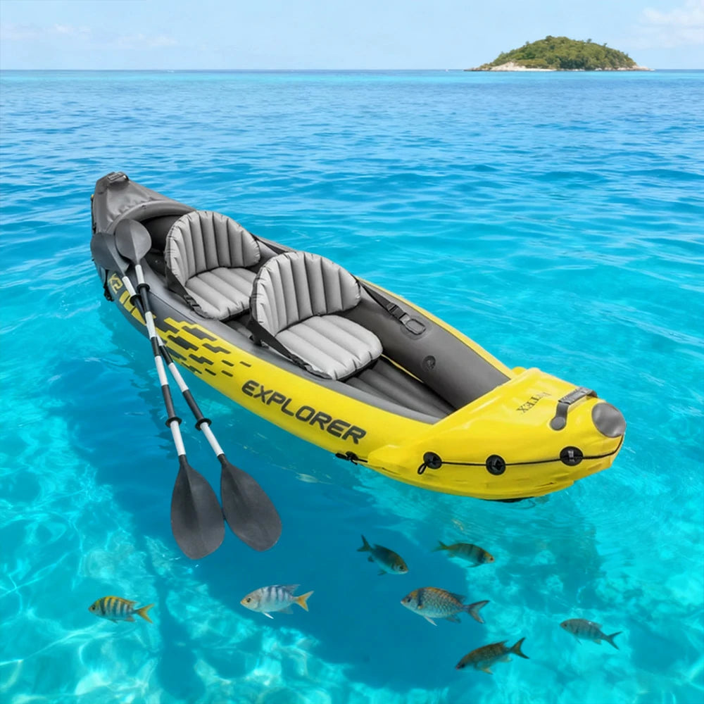 TREKKA 2-Person Inflatable Kayak Adjustable Seat Anti-Slip V-Bow Multi Air Chambers Removable Fin Stable & Comfortable Ride