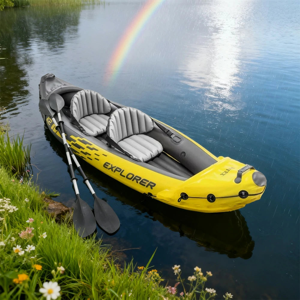 TREKKA 2-Person Inflatable Kayak Adjustable Seat Anti-Slip V-Bow Multi Air Chambers Removable Fin Stable & Comfortable Ride
