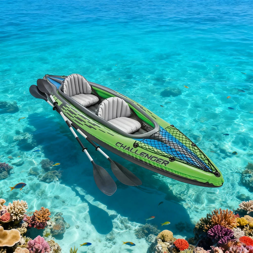 TREKKA 2-Person Inflatable Kayak Anti-Slip V-Bow Removable Fin Enhanced Tracking Multi Air Chamber Design for Safe Paddling