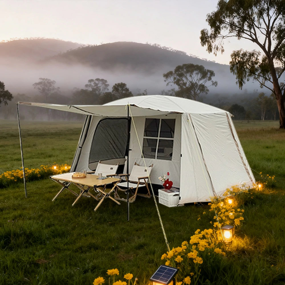 TREKKA Villa-Style Camping Tent with Grid Windows Spacious Design, Sun Protection, Ideal for Family Camping - Cream White