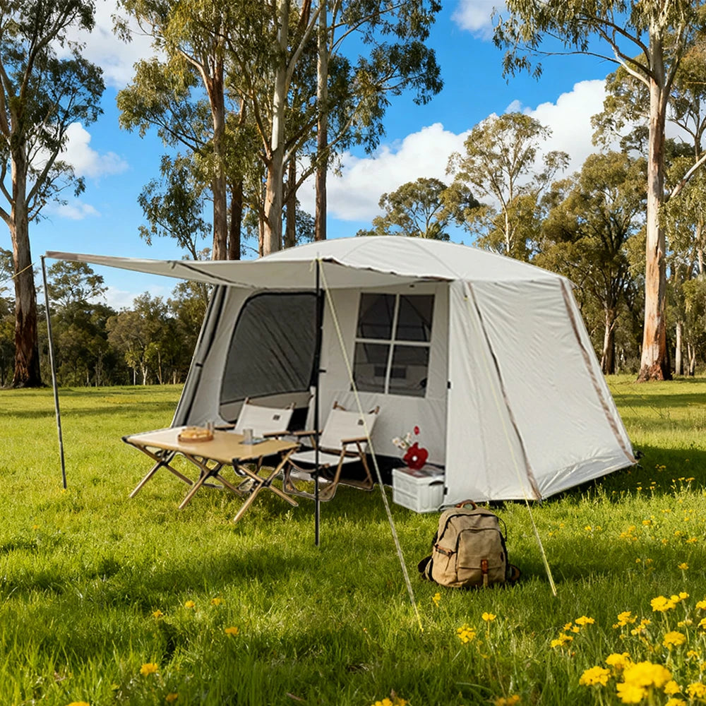 TREKKA Villa-Style Camping Tent with Grid Windows Spacious Design, Sun Protection, Ideal for Family Camping - Cream White
